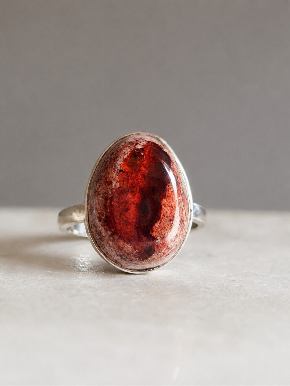 Fire Opal Sterling Silver Ring – 925 – Size 9 – Glowing Red/Orange Cabochon